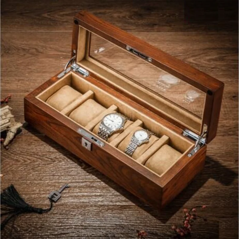 Caja de reloj lujo 5-solt Old Elm Pure Solid Wood Skylight caja almacenamiento exhibición mecánico | Дом и сад