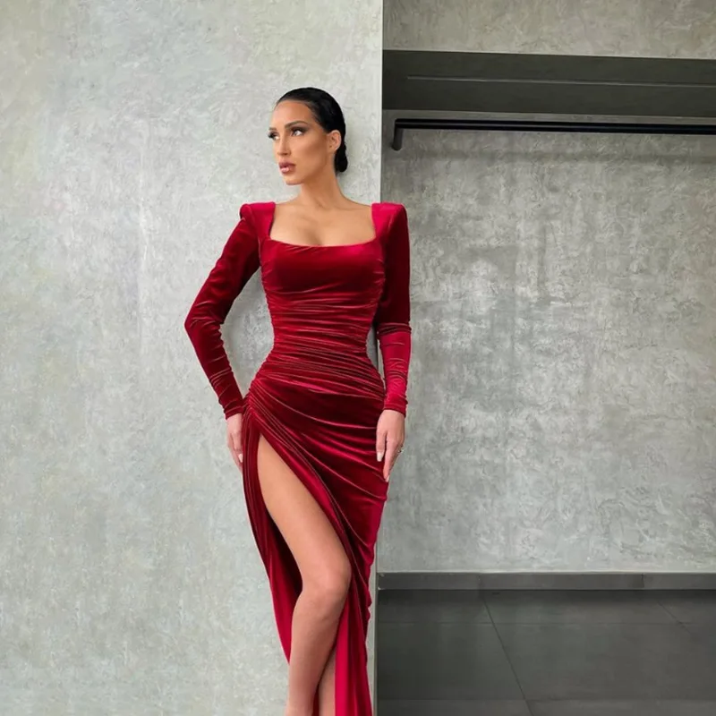 Sexy Square Neck Velvet Dress Women 