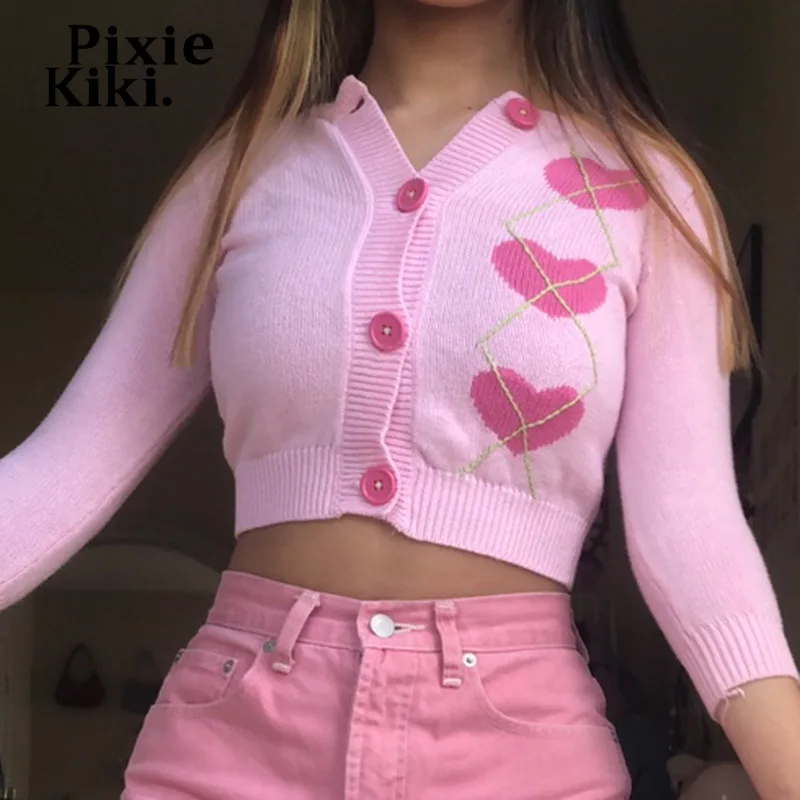 PixieKiki Cute Pink Heart Sweater Preppy Style Knitted Cropped