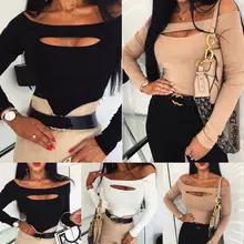 Cheap Fashion Women Sexy Off Shoulder Tops Ladies Casual Slim Fit Tee Plain Stretch Bardot Hollow Out Long Sleeve T-Shirt Pullover