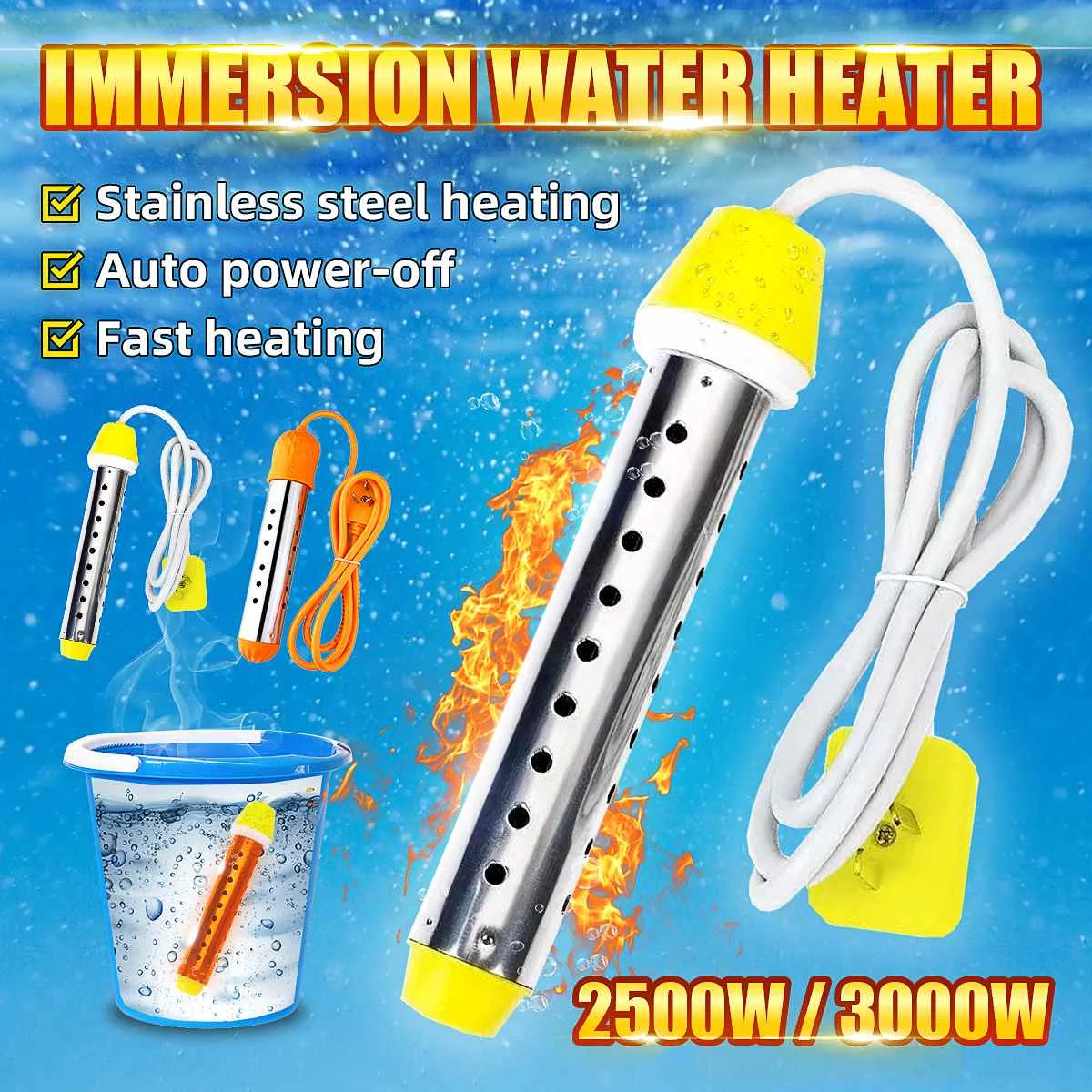 220V 2500W Immersion Water Heater Boiler Stainless Steel Automatic Power Off High-Power Suspended Electric Water Heater for Bathtub Bucket Swimming Pool juman Water Heating Rod 
