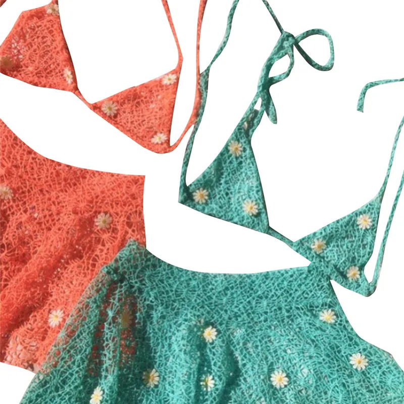 Женский комплект бикини с юбкой пуш ап однотонный вязаный из двух предметов