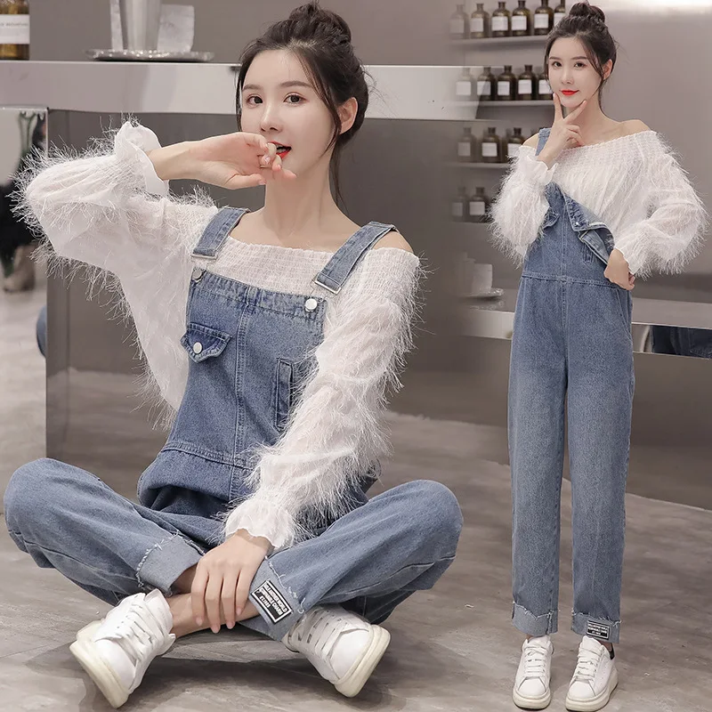 

2020 Spring New Products Korean-style Applique Cowboy Suspender Pants Immortal off-Shoulder Tassels Long Sleeve Two-Piece Set