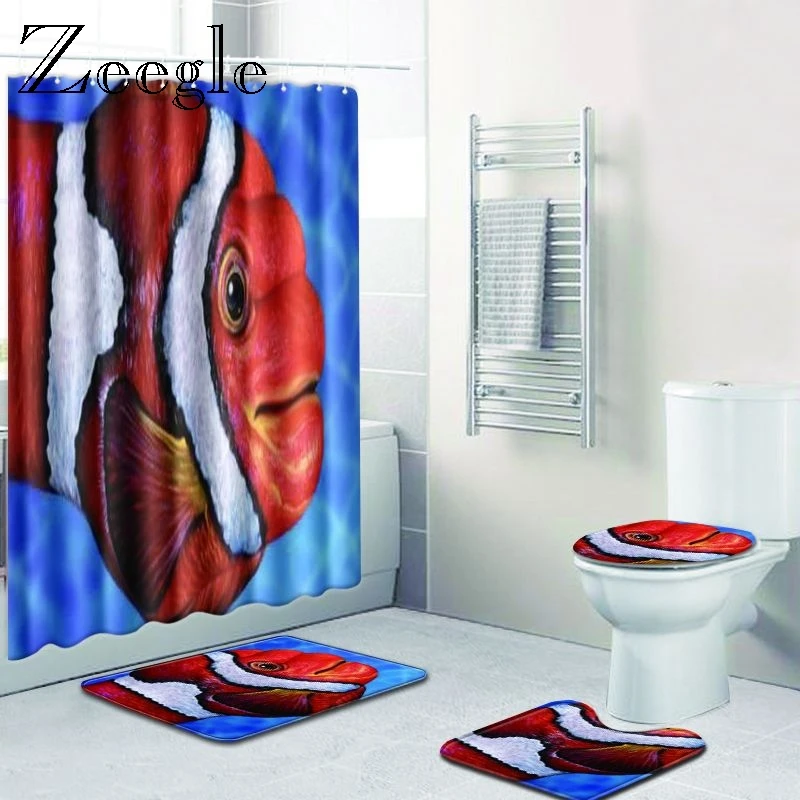 Zeegle Shower Curtain and Bath Mat Set Non Slip Bathroom Shower Mat Flannel Soft Foot Mat Absorbent Toilet Seat Cover Toilet Set