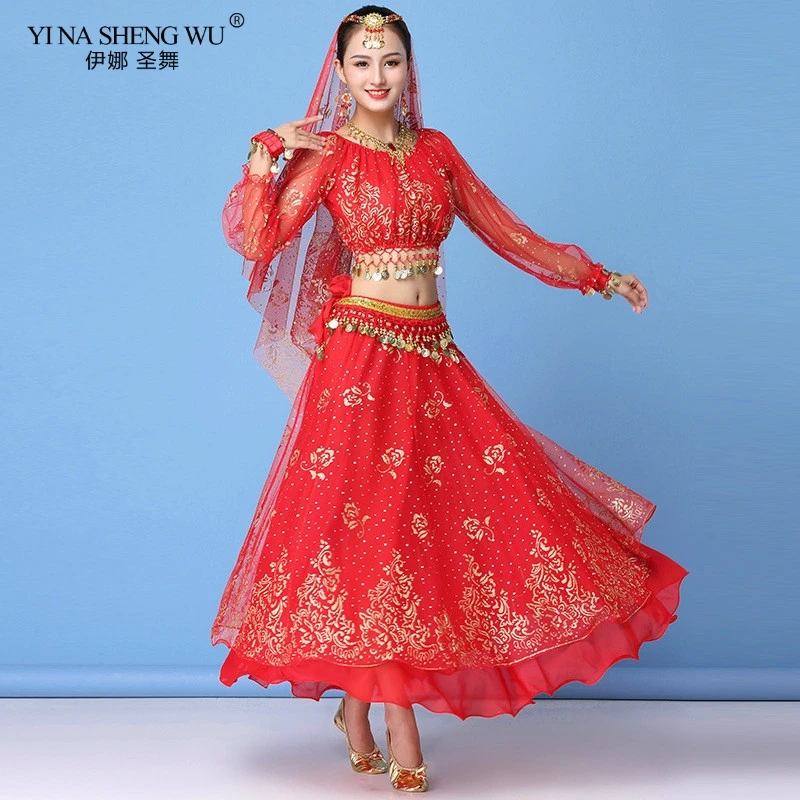 Bollywood Dress Costume Women Set Indian Dance Sari Belly Dance Outfit Performance Clothes Chiffon Top+Skirt+Waist chain 8pcs