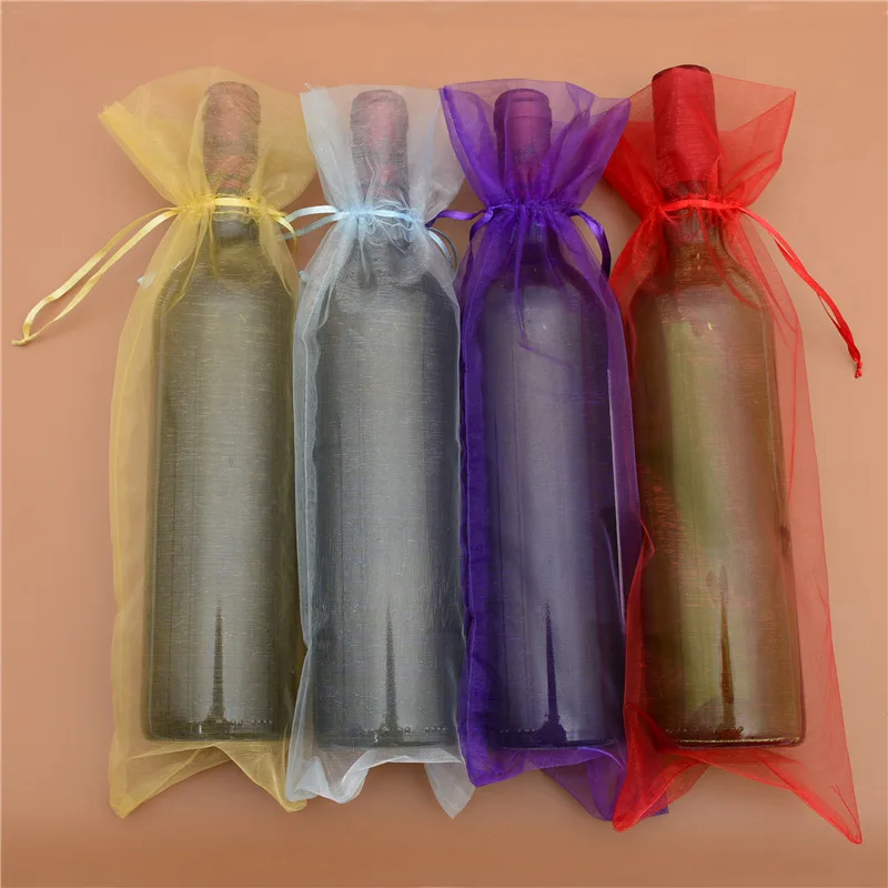50pcs/lot Wholesale 15x38cm Drawstring Organza Bags Wine Bottle Holder Pouches Christmas Wedding Party Gift Wrapping Supplies