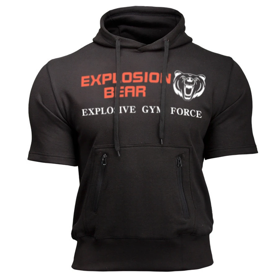 

Mens Gyms Sports Hoodie Sweatshirts short sleeves hoodies printing Fitness Bodybuilding male waistcoat Shirts Casual hoodies