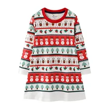 От 3 до 8 лет рождественское платье с длинными рукавами для девочек Хлопковое платье принцессы с круглым вырезом и принтом в виде лося на Рождество