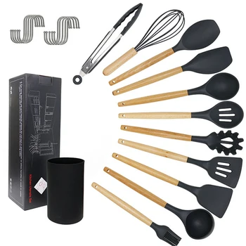 

11Pcs/set Silicone Kitchen Utensil Wooden Handles Heat Resistant Non-Stick Spoon Spatula for Restaurant Home Cooking JA5