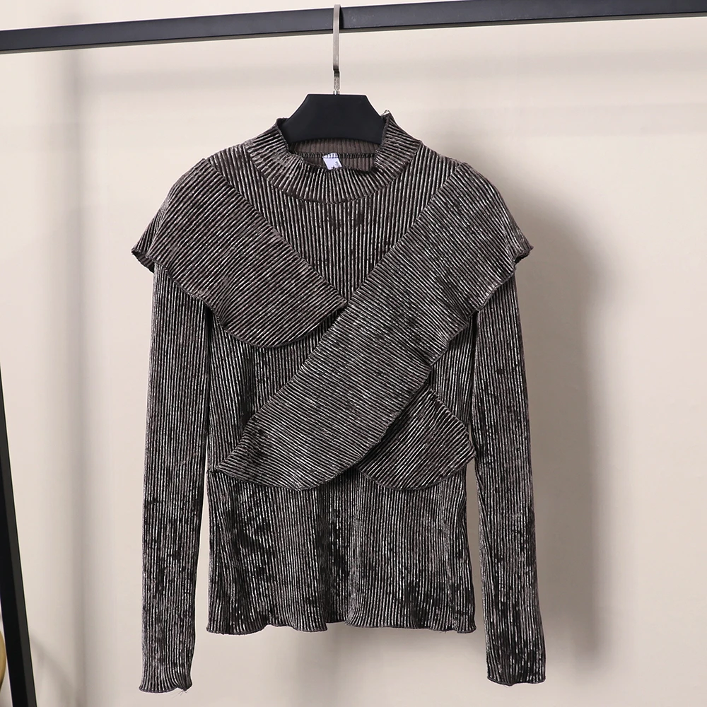 Новая весенняя женская одежда moda feminina, лоскутные Футболки с круглым вырезом и оборками, футболки с длинным рукавом, женские топы, повседневные стильные футболки для женщин