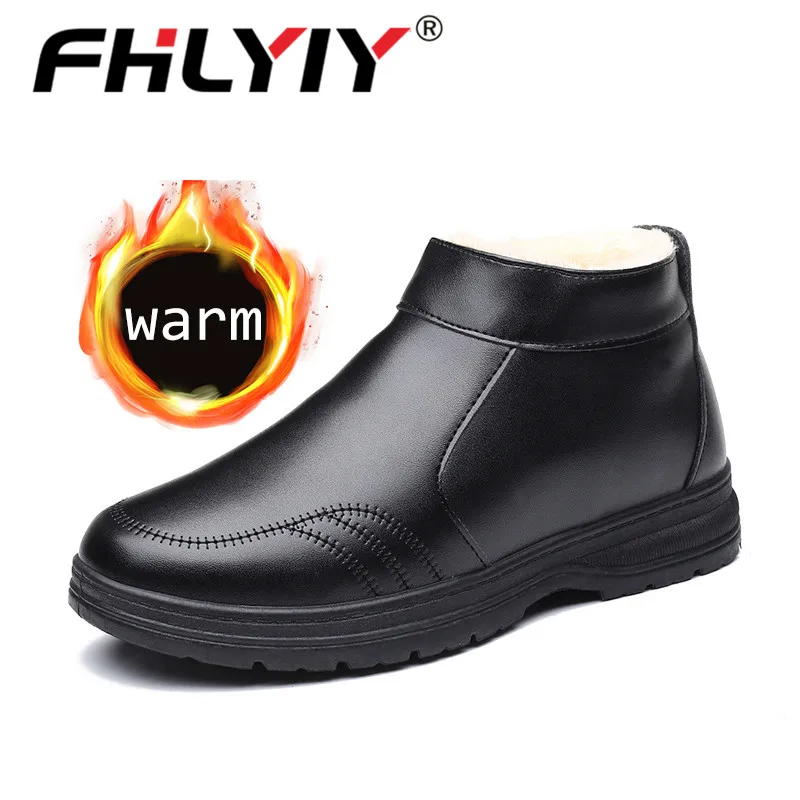 Fhlyiy Brand Zipper Warm Leather Ankle Shoes Men Snow Boots Autumn Winter Fur Plush Classic Male Boots Slip-On Shoes Size 39-44 - Цвет: Black