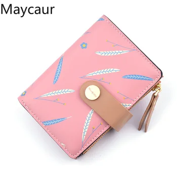 

Maycaur Zipper Button Flower Feather Color Printing Short Women Wallets Fashion Lady Style Fold PU Leather Wallet Storage Purses