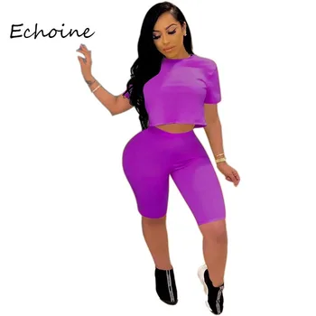 

Casual Womne Two Piece Set Crop Top + Pants O-neck Short Sleeve biker shorts clothes for women outfits Solid 5 Color