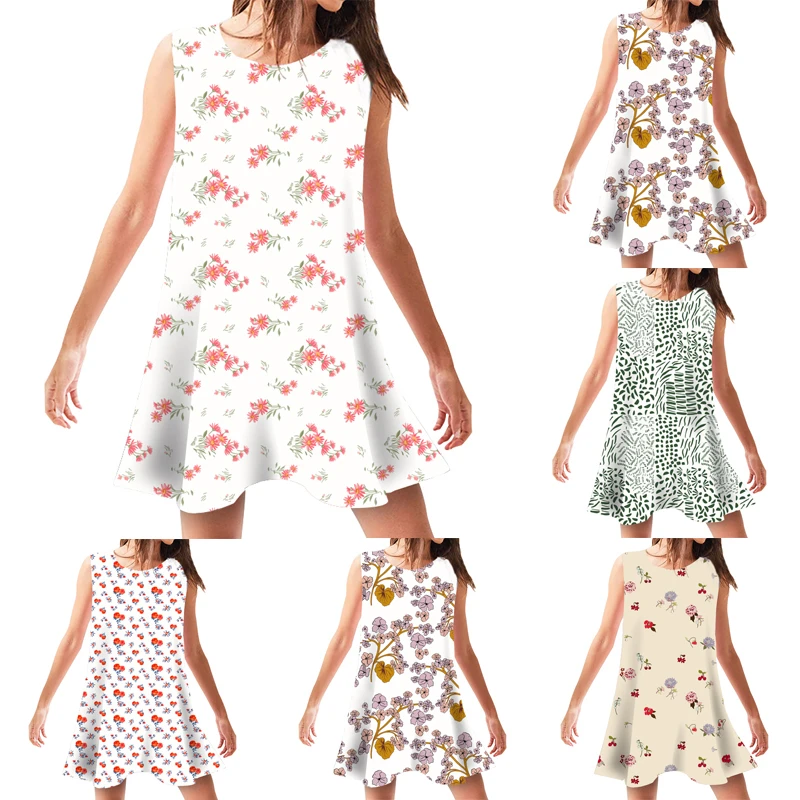 Dress Women Summer Swing Casual Beach Wear Sleeveless Loose Sundress Female Patchwork Print Short Dresses Camisas Mujer | Женская одежда
