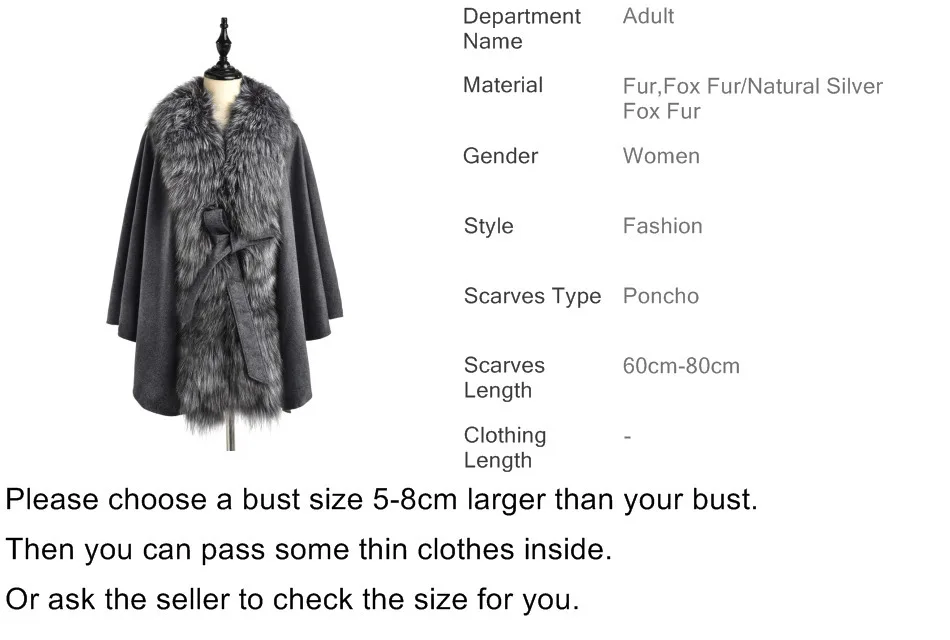 TOPFUR New Fashion Winter Female Cape Real Fur Cape For Women Real Fox Fur Cape Outerwear Bat Sleeved V-Neck Grey Loose