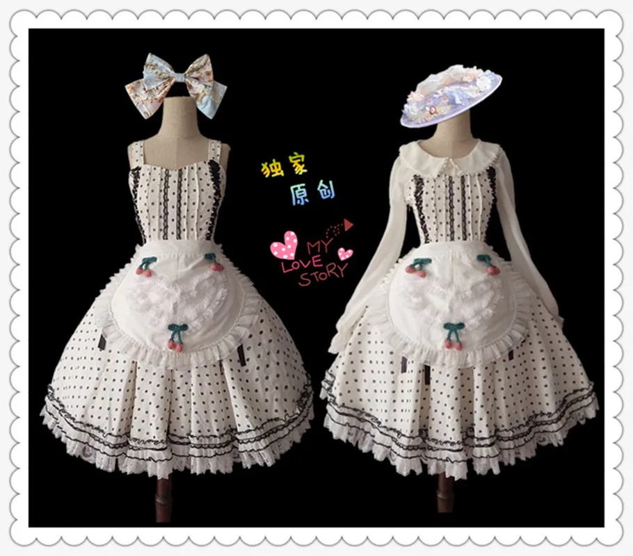 

Japanese sweet lolita strap maid dress vintage high waist cute printing victorian dress kawaii girl gothic lolita cosplay loli