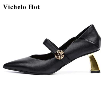 

Vichelo Hot superstar recommend classic colors French romantic real leather pointed toe high heels young lady dating pumps L88