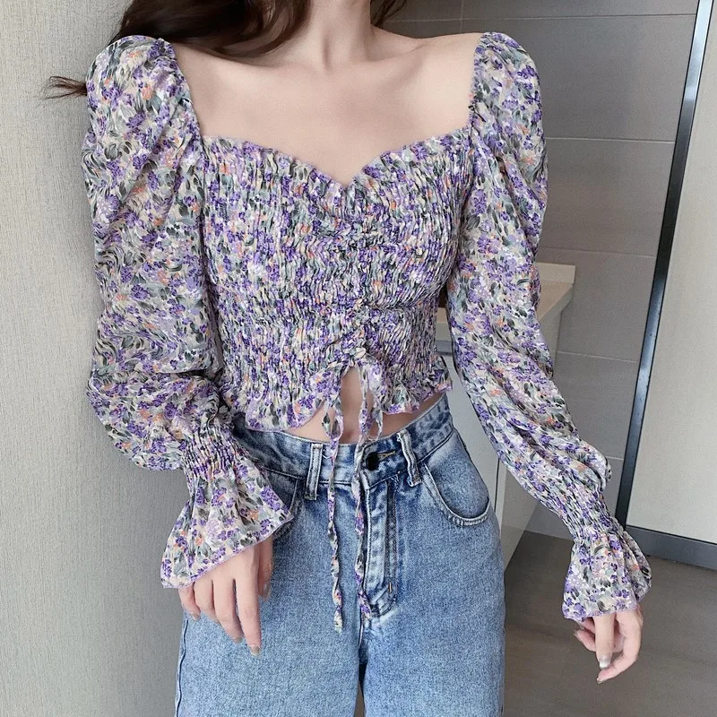 Floral Print Drawstring Crop Top Women Spring Fall Long Sleeve Purple White Chiffon Blouse Shirt Korean Style Ladies Short Tops 6