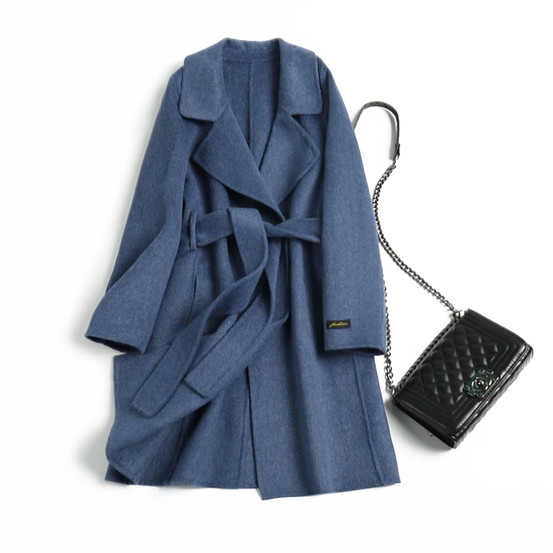 Двухстороннее кашемировое пальто, женская зимняя куртка, женское Однотонное шерстяное пальто, женское длинное пальто, тонкое женское Шерстяное Пальто - Цвет: blue