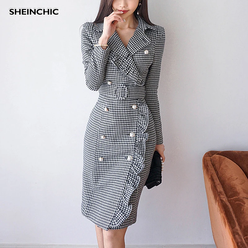 

Autumn 2019 Ladies Office Double Breasted Dress Elegant Turn-down Collar Ruffles Dress Casual OL Business Work Feminine Dress