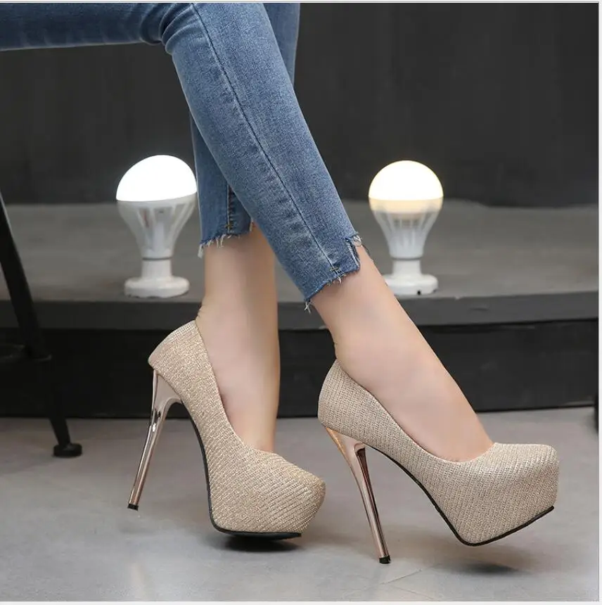New Fashion Gold High Heels platform heels shoes woman pumps women shoes high heels party wedding shoes Round toe pump sandals