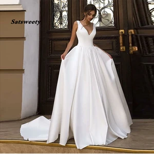 Simple V-neck Sleeveless Wedding Dress White Ivory Top Quality Satin Backless Robe De Mariee Cheap Bridal Dresses Chapel Train