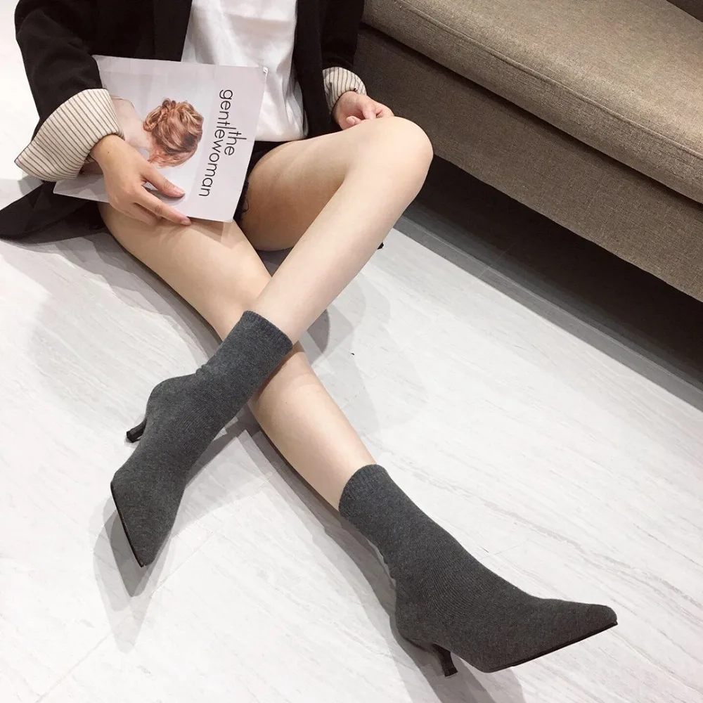 Пикантные женские ботинки на небольшом каблуке; модные вязаные гетры без застежки; женские ботинки «Челси» на тонком каблуке с острым носком