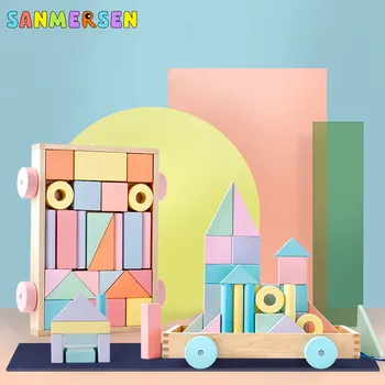 

24PCS Wooden Blocks Infant Early Education Macarons Color Trailer Building Blocks Children's Montessori Educational Toys