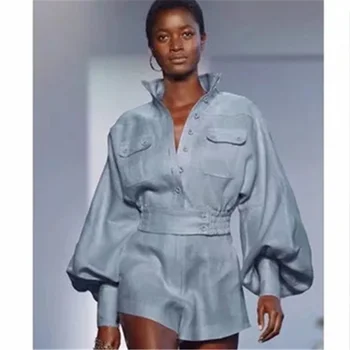 

New Runway 2019 Autumn Women Suits Cotton Linen Buttons Jackets Designer Female Party Shorts Two Piece Set Lady's Solid Outfits