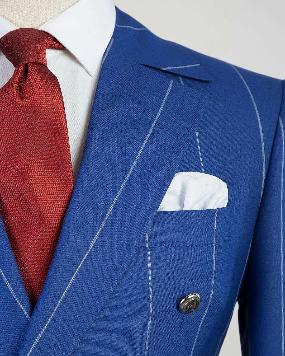 Blue Stripe Men&rsquo;s Suits Tuxedos Peaked Lapel Groom Double Breasted Wedding Blazer Trousers Formal Prom Party Coat(Jacket+Pants)