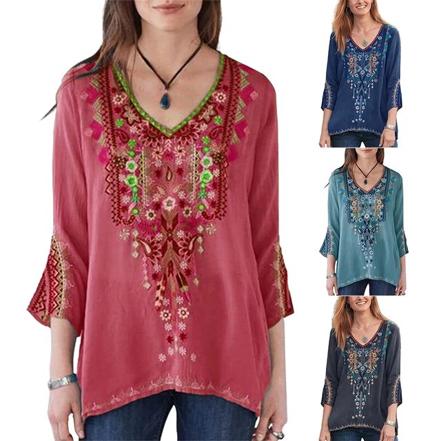 Womens Boho Ethnic V Neck Long Sleeve Floral Embroidery Blouse Top 6