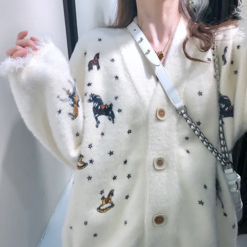 

Sweater women Korean autumn winter wild mink velvet printed star pony coat knitted cardigan cute harajuku knitted sweater