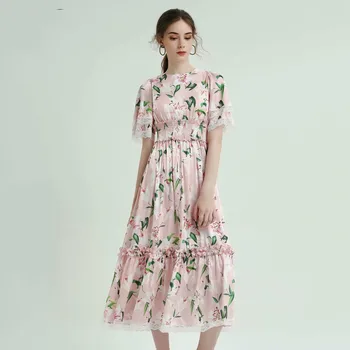

Sweet Pink Dress 2020 Summer Spring New Fashion Design Flare Sleeve White Lace Midi Romantic Lily Flowers Print Dress