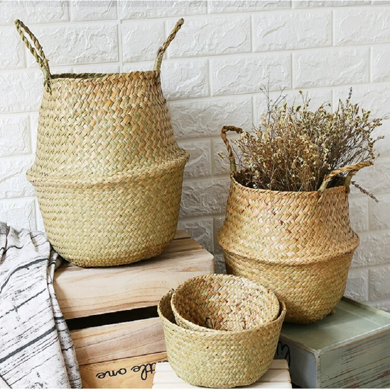 

Seagrass Folding Handmade Storage Basket Decorative Rattan Plant Flower Pot Woven Wicker Belly Laundry Basket Home Decor