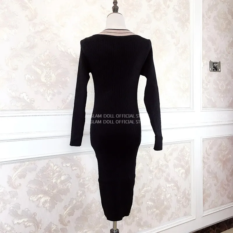 Осень v-образным вырезом Оболочка Bodycon Midi ткань черный сплошной с длинными рукавами сексуальный вязаный свитер платье