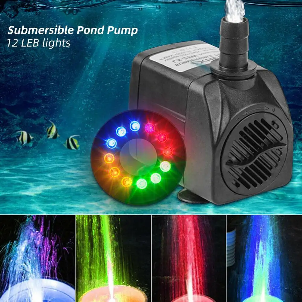 15W 800L/H Submersible Water Pump with 12 LED Lights for Fountain Pool Garden Pond 8w submersible pump fountain pump