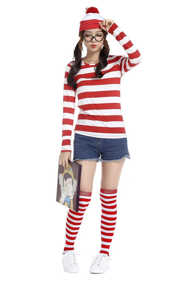 S-XXL Parent-Child Cartoon Where is Wally Waldo Costume Waldo Book Week Cosplay Outfit Stripe Shirt Hat Glasses Kit vampire costume women