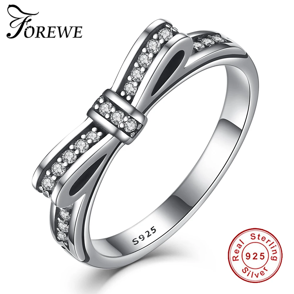 Стерлингового серебра 925 сверкающий лук-узел Stackable кольцо микро Pave CZ Кристалл Кольца для женщин подарок на день Святого Валентина ювелирные изделия