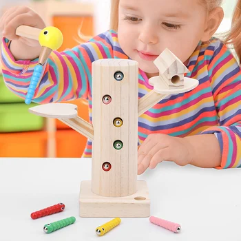 

Kids Wooden Toy Learning & Education Woodpecker Catch Worms Game Magnetic Wooden Educational Toy Science