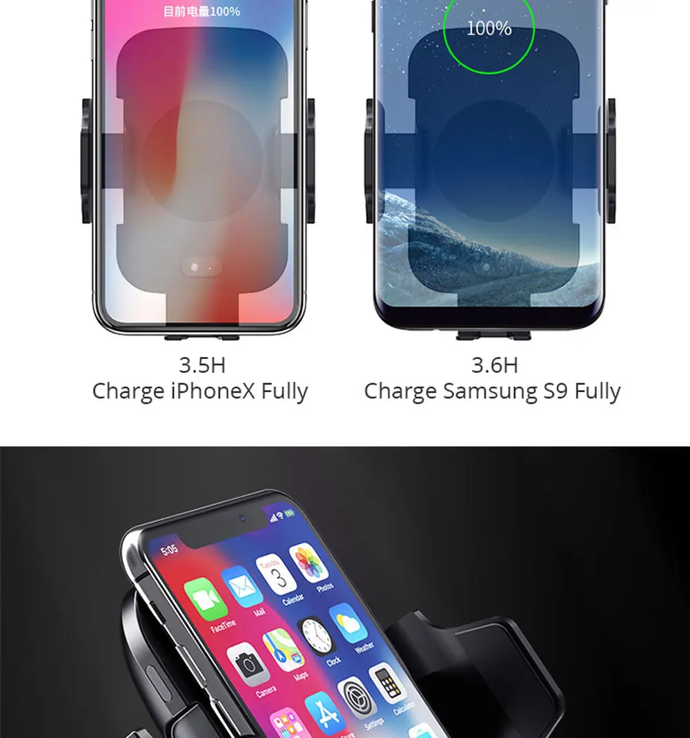 10W Qi Wireless Car Charger for IPhone Xs X Samsung S10 S9 Millet Fast Wireless Automatic Fastening Car Phone Charging Stand