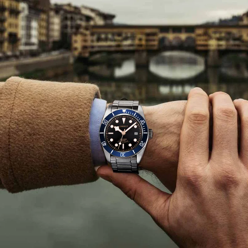 Corgeut, роскошные Брендовые мужские автоматические механические часы Schwarz Bay, военные спортивные часы для плавания, кожаные механические наручные часы 2010C