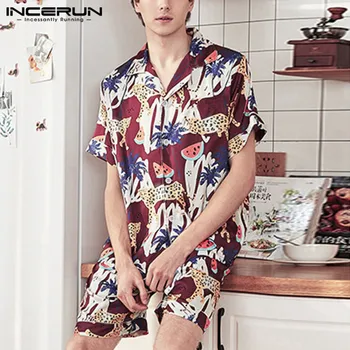 

Men Funny Printed Short Sleeve Pajamas Sets Satin Silk Summer Fashion Comfort Soft Homewear Baggy Mens Sleepwear Suit INCERUN