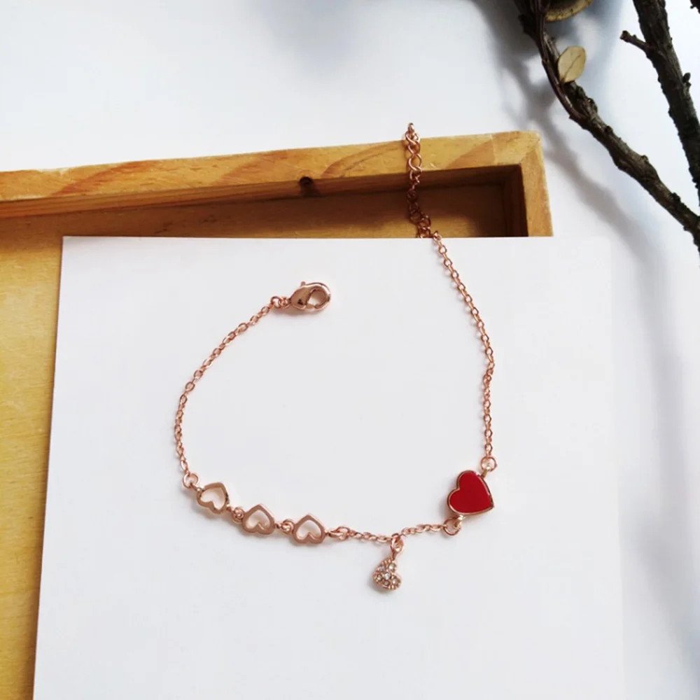 Women's Bracelets Red Love Rhinestones Bricelet Bangle Girl Heart Shaped Metal Chain Jewelry Accessories for Women