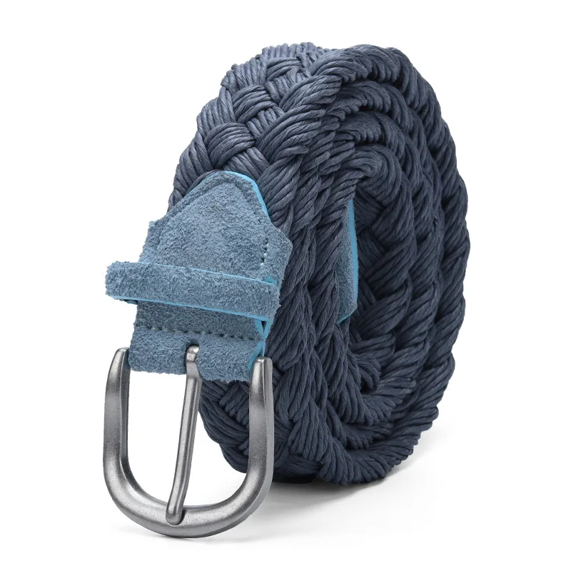 Suede Leather Braided Belt With Wax Rope Knitted Without Holes Cotton Weave Blue