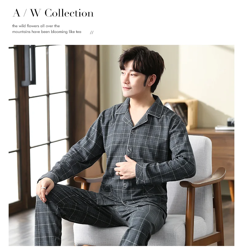 custom pajama pants Autumn 100% Cotton Pajamas For Men Dark Gray Plaid Sleepwear Big Yards Pyjama Homme Pijamas Hombre Invierno Full Cotton Pyjamas satin pajamas