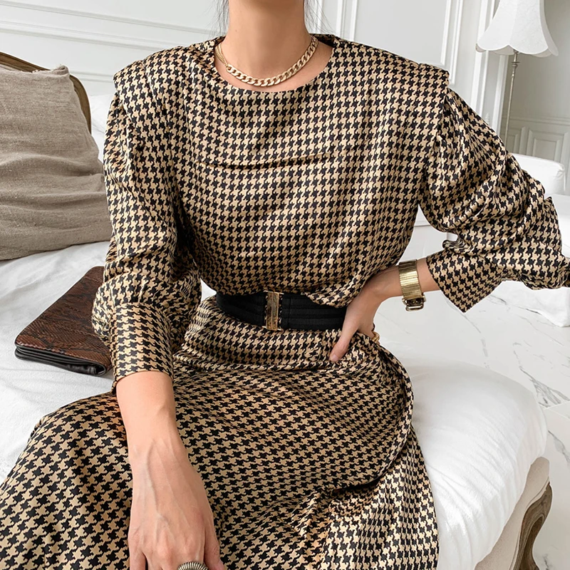 

Plaid Dress Round Neck Patchwork Lantern Sleeve Waist Maxi Dresses with Belt Female Spring Autumn 2021 New