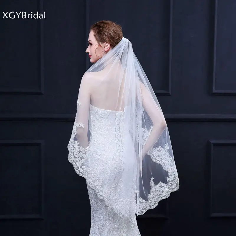 

New Arrival Lace Appliques Ivory Wedding Veils Casamento Short Bridal Veil for Bride velos de novia largos welon slubny