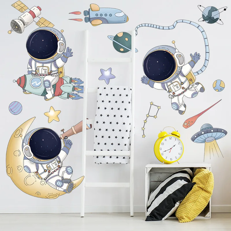 Cartoon Astronaut Wall Sticker for Kids rooms Nursery Spaceship UFO Decor Removable Vinyl Decals Art Home Deoration | Дом и сад