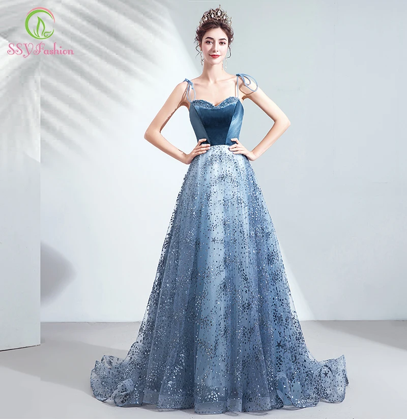 Женское вечернее платье SSYFashion длинное синее банкетное со шлейфом с блестящими