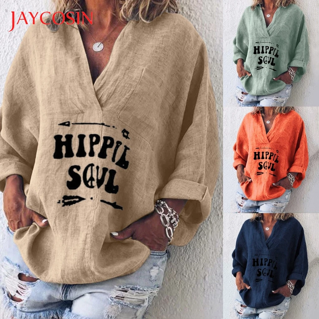 

JAYCOSIN Women's Long Sleeve V-collar Casual Elegant leopard-print Loose Shirt Jacket Large Size Loose Natural Cotta